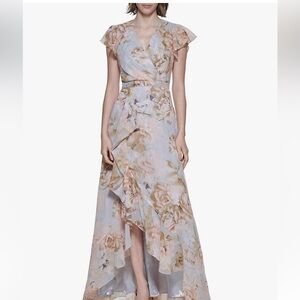Calvin Klein Floral High Low Dress in Beige and Cream